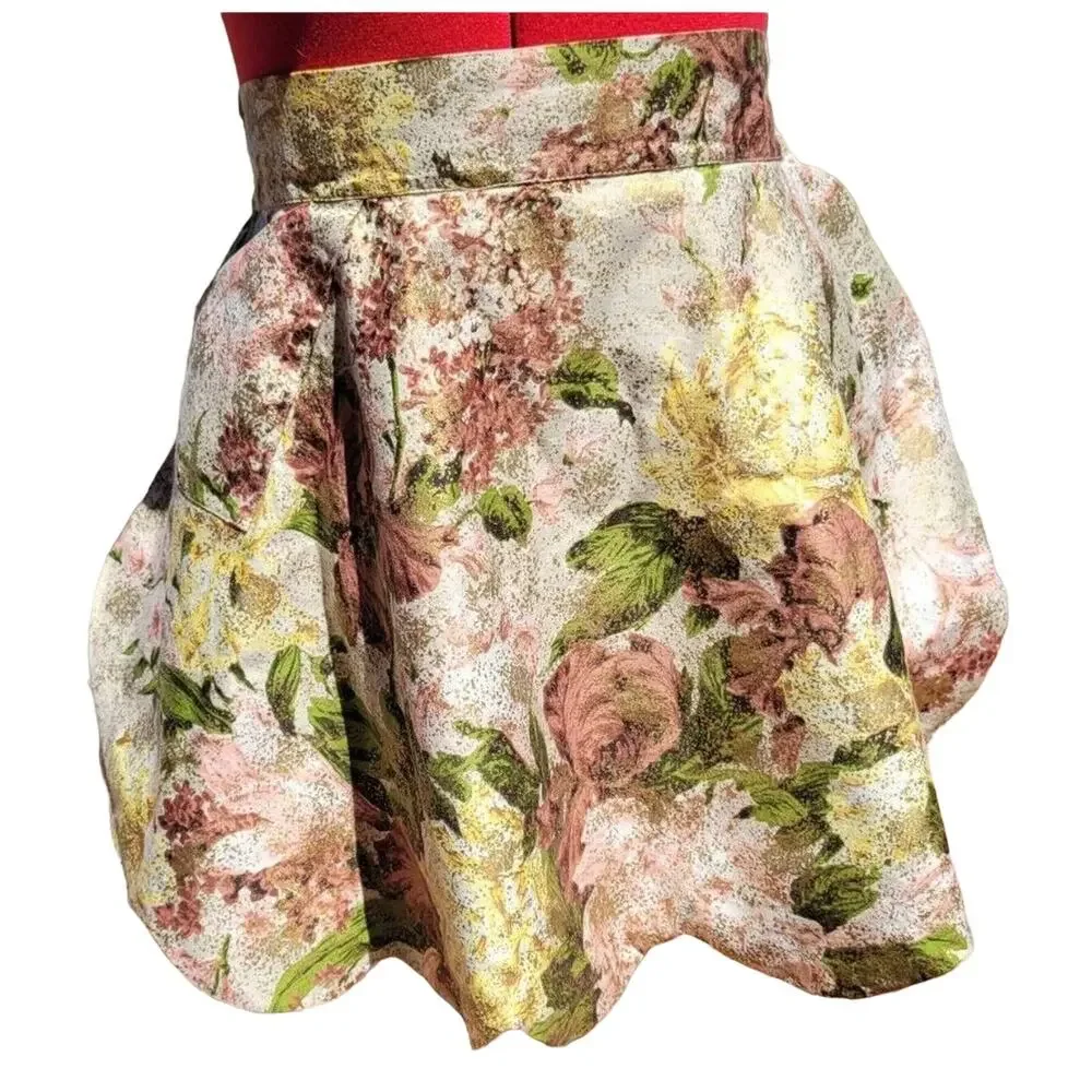Vintage Reversible Chiffon Cotton Half Apron Gold Green Flowers Sexy MCM Hostess